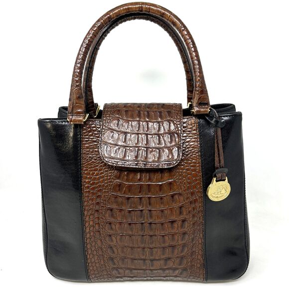 BRAHMIN Leather Purse Shoulder Bag Pecan Melbourne Croc Embossed Black Stunning! - Picture 1 of 16